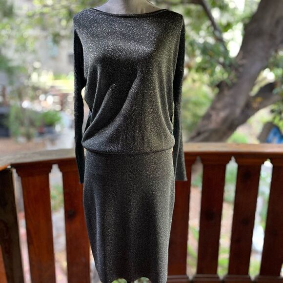 LUISA SPAGNOLI SHIMMER METALLIC SILVER BLOUSON DROP WAIST LONG SLEEVE STRETCH CO - Picture 4 of 13